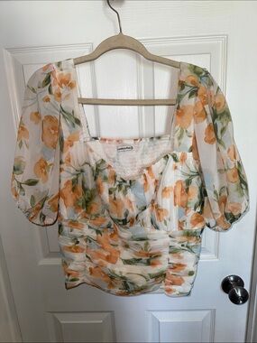 Abercrombie Orange Floral Puff-Sleeve Square Neck Blouse